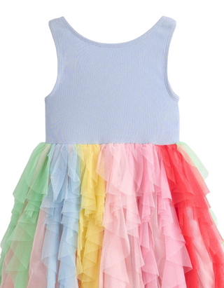 Mini Boden Girl's Jersey Tulle Dress in Misty Blue Rainbow