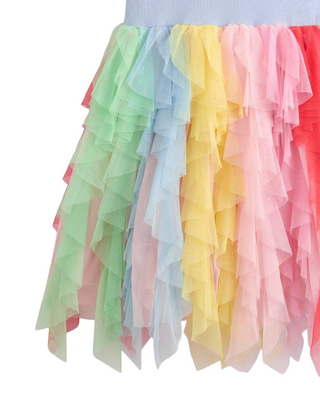 Mini Boden Girl's Jersey Tulle Dress in Misty Blue Rainbow