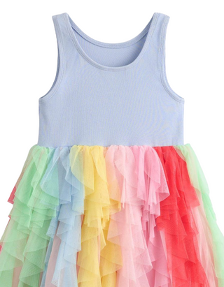 Mini Boden Girl's Jersey Tulle Dress in Misty Blue Rainbow