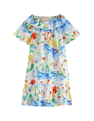 Mini Boden Girl's Mermaid Pull-On Holiday 100% Cotton Dress in Cream Mix