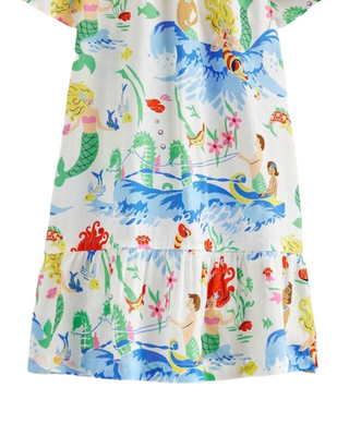Mini Boden Girl's Mermaid Pull-On Holiday 100% Cotton Dress in Cream Mix