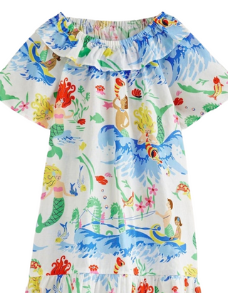 Mini Boden Girl's Mermaid Pull-On Holiday 100% Cotton Dress in Cream Mix