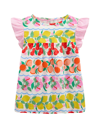 Mini Boden Girl's Frill Sleeve Woven Top in Rainbow Fruit Stripe