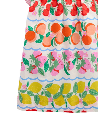 Mini Boden Girl's Frill Sleeve Woven Top in Rainbow Fruit Stripe