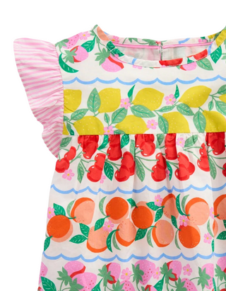 Mini Boden Girl's Frill Sleeve Woven Top in Rainbow Fruit Stripe