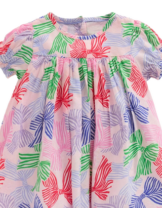Mini Boden Girl's Gathered Woven Dress in French Pink Bows
