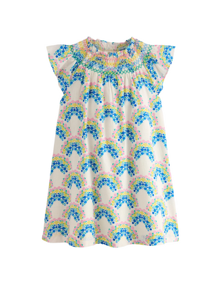 Mini Boden Girl's Holiday Smocked Dress in Soft Ivory Rainbow Shells