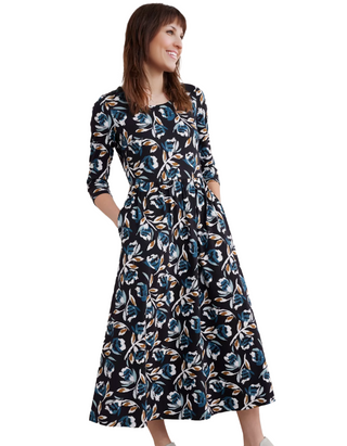 Women's Emily Waisted Dress in Black Feather Flower Onyx