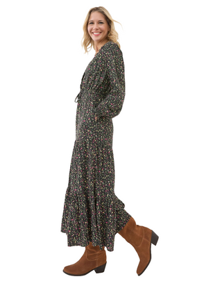 Women's Long Sleeve Dahlia Ditsy Maxi Dress in Black
