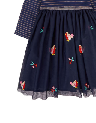 Jojo Maman Girls' Long Sleeve Robin Party Tulle Dress in Navy (Imperfect)