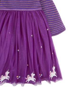 JOJO Maman Girls' Unicorn Party Long Sleeve Dress in Purple (IMPERFECT)