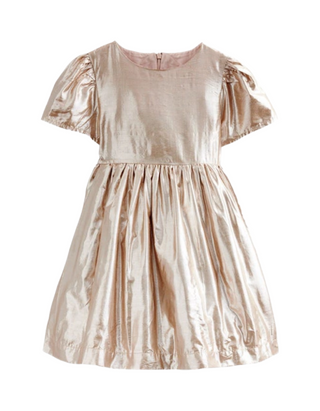 Mini Boden Girl’s Short Sleeve Metallic Party Dress in Gold Metallic