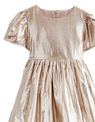 Mini Boden Girl’s Short Sleeve Metallic Party Dress in Gold Metallic