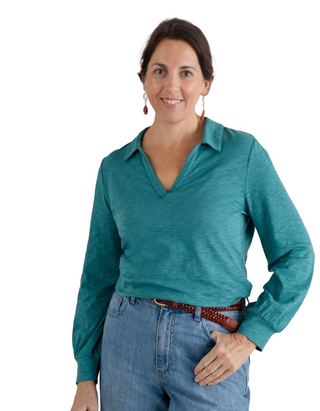 Women's Owles Point V-Neck Jersey Shirt in Teal Wreckag Green (Imperfect)