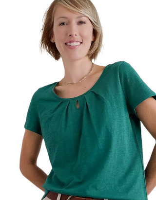 Women's Short Sleeve Appletree Keyhole Detail T-Shirt in Green Petite