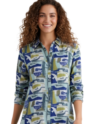 Women's Wren Flutter Shirt in Green Windowscape Sketch Chalk