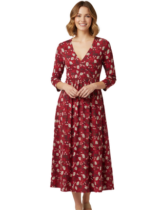 Women's 3/4 Sleeve 3/4 Nancy Dress in Winter Wildflower Carmine