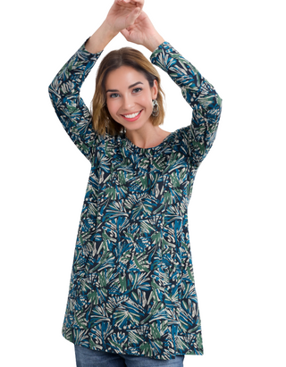 Women's Screenprint Long Sleeve A-Line Tunic in Artist Marks Maritime