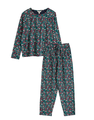 Women's Setting Sun Pyjama Set in Sunlit Leaves Dark Jade