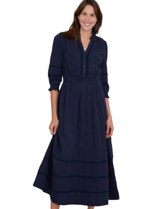 Women's 3/4 Sleeve Cotton Alina Dress in Midnight Navy