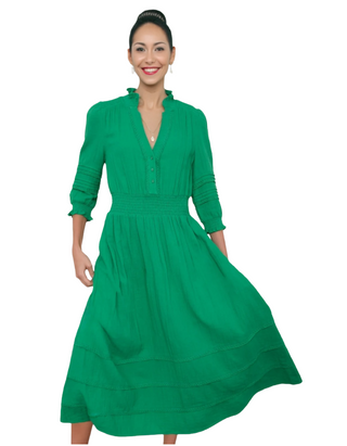Women's 3/4 Sleeve Cotton Alina Dress in Jade Green