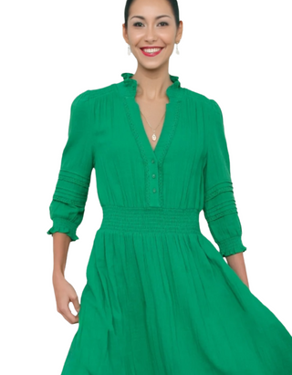 Women's 3/4 Sleeve Cotton Alina Dress in Jade Green