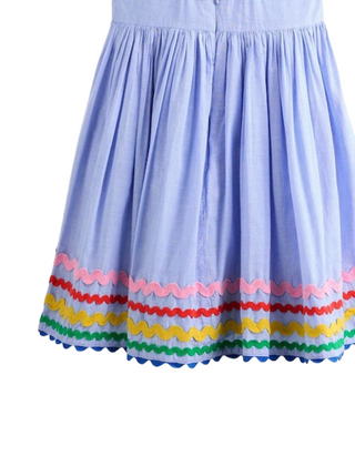 Mini Boden Girl’s  Sleeveless Harlow Back Detail Dress in Blue/Multi