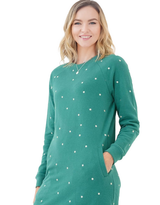 Women's Long Sleeve Georgia Embroidered Sweat Dress in Green (Imperfect)