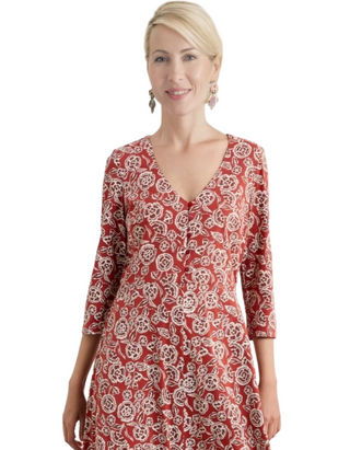 Women's Ava Jersey V-Neck Dress in Floral Pattern Umber