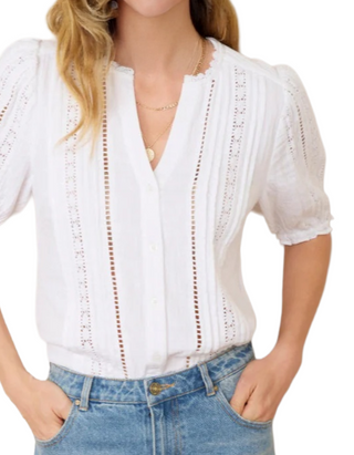 Women's Short Sleeve Cotton lace Detail Melissa Blouse in White