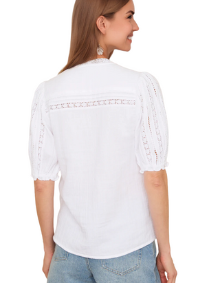 Women's Short Sleeve Cotton lace Detail Melissa Blouse in White