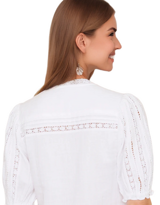 Women's Short Sleeve Cotton lace Detail Melissa Blouse in White