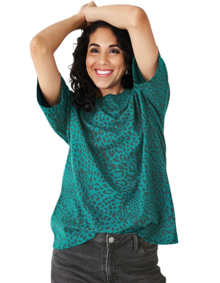 Women's Cotton Crew Neck Leopard Oversized T-Shirt in Teal