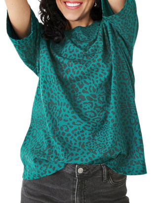 Women's Cotton Crew Neck Leopard Oversized T-Shirt in Teal