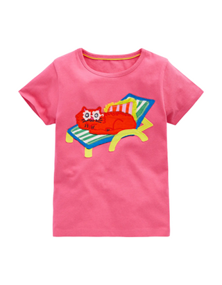 Mini Boden Girls Short Sleeve Applique Cotton T-Shirt Pink Lounge Cat