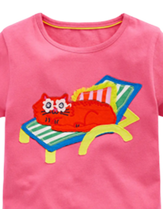 Mini Boden Girls Short Sleeve Applique Cotton T-Shirt Pink Lounge Cat