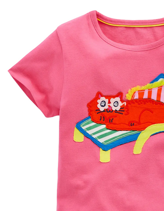 Mini Boden Girls Short Sleeve Applique Cotton T-Shirt Pink Lounge Cat