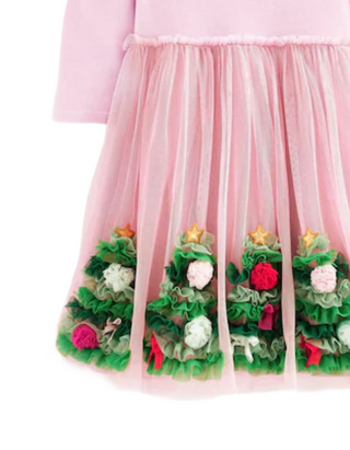Mini Boden Girl's Velvet Tulle Christmas Applique Party Dress in Pink