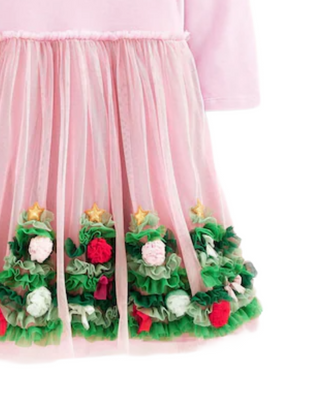 Mini Boden Girl's Velvet Tulle Christmas Applique Party Dress in Pink