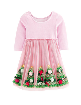 Mini Boden Girl's Velvet Tulle Christmas Applique Party Dress in Pink