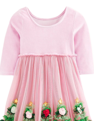 Mini Boden Girl's Velvet Tulle Christmas Applique Party Dress in Pink