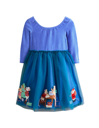 Mini Boden Girl's Velvet Tulle Applique Dress in Bluejay Festive Mice