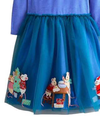 Mini Boden Girl's Velvet Tulle Applique Dress in Bluejay Festive Mice