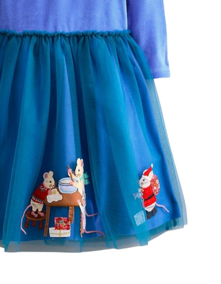 Mini Boden Girl's Velvet Tulle Applique Dress in Bluejay Festive Mice