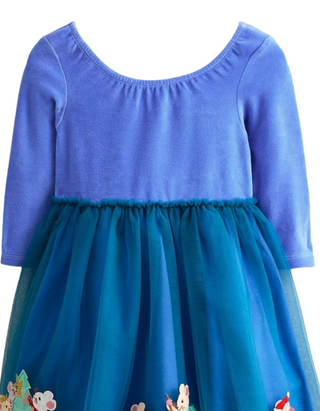 Mini Boden Girl's Velvet Tulle Applique Dress in Bluejay Festive Mice
