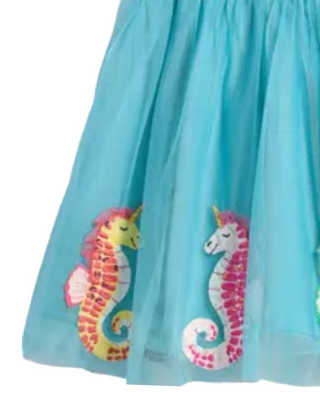 Mini Boden Girl's Applique Tulle Dress in Aqua Seahorse Blue