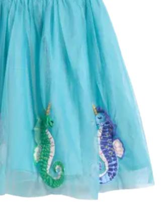 Mini Boden Girl's Applique Tulle Dress in Aqua Seahorse Blue