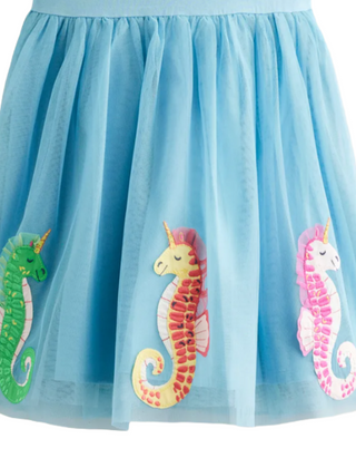 Mini Boden Girl's Applique Tulle Dress in Aqua Seahorse Blue