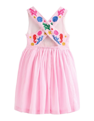 Mini Boden Girl's Harper Cotton Embroidered Cross-Back Dress in Pink Mermaid