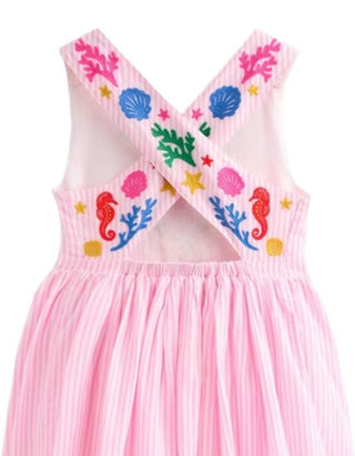 Mini Boden Girl's Harper Cotton Embroidered Cross-Back Dress in Pink Mermaid
